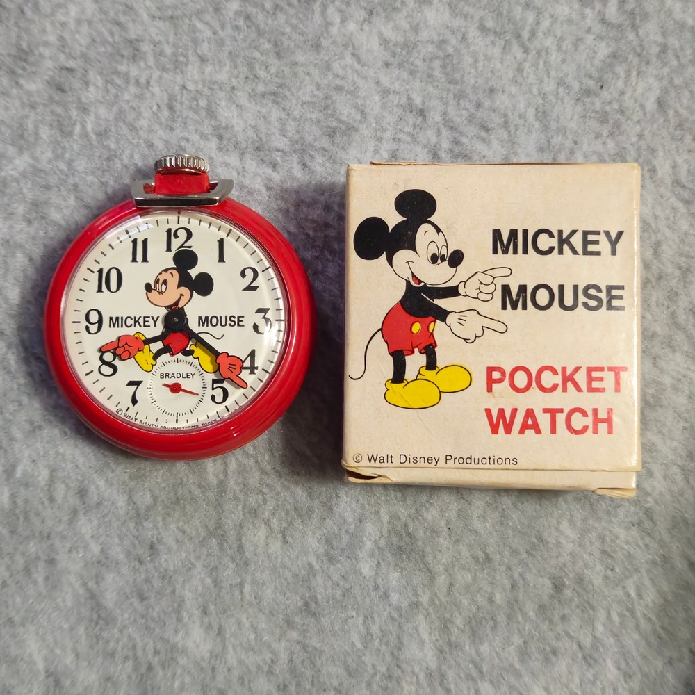 BRADLEY Mickey Mouse Pocket Watch Vintage 1970s Red Original Box Parts Repair